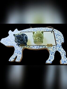 Blue Floral Pig-Shaped hanging shelf with Ceramic Pig Salt & Pepper Shakers